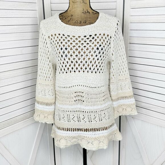 Coldwater Creek Open Weave Crochet Boho Cottage Sweater Ivory Cream Large - Picture 1 of 12